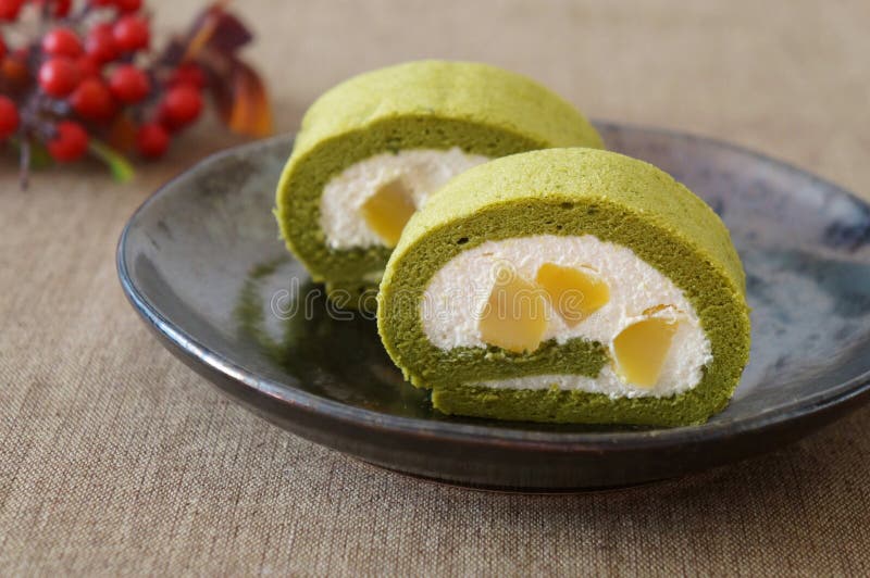 Matcha Green Tea Roll Cake stock image. Image of green 49915885