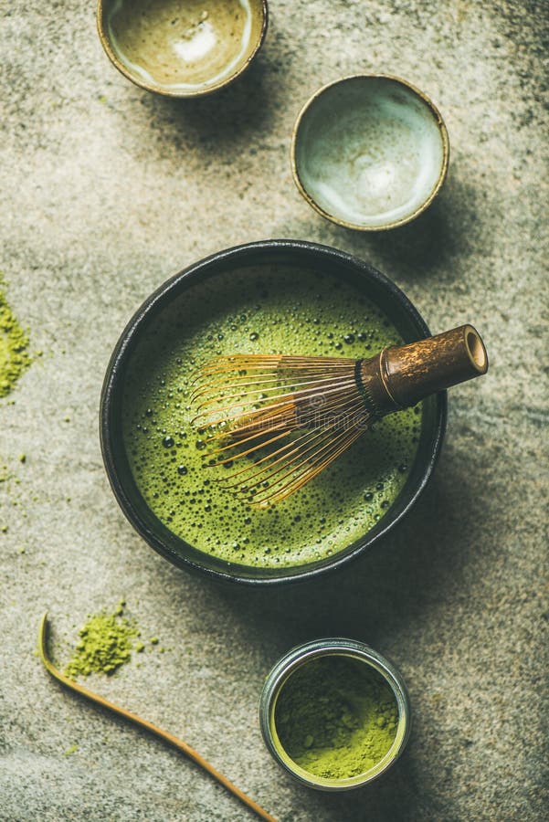 Matcha powder, Chashaku spoon, Chasen bamboo whisk, Chawan bowl, cups