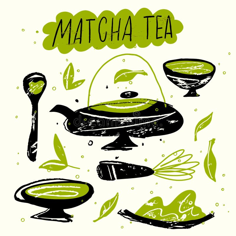 Matcha Tea. Doodle Illustration. Japanese Tea Ceremony Stock