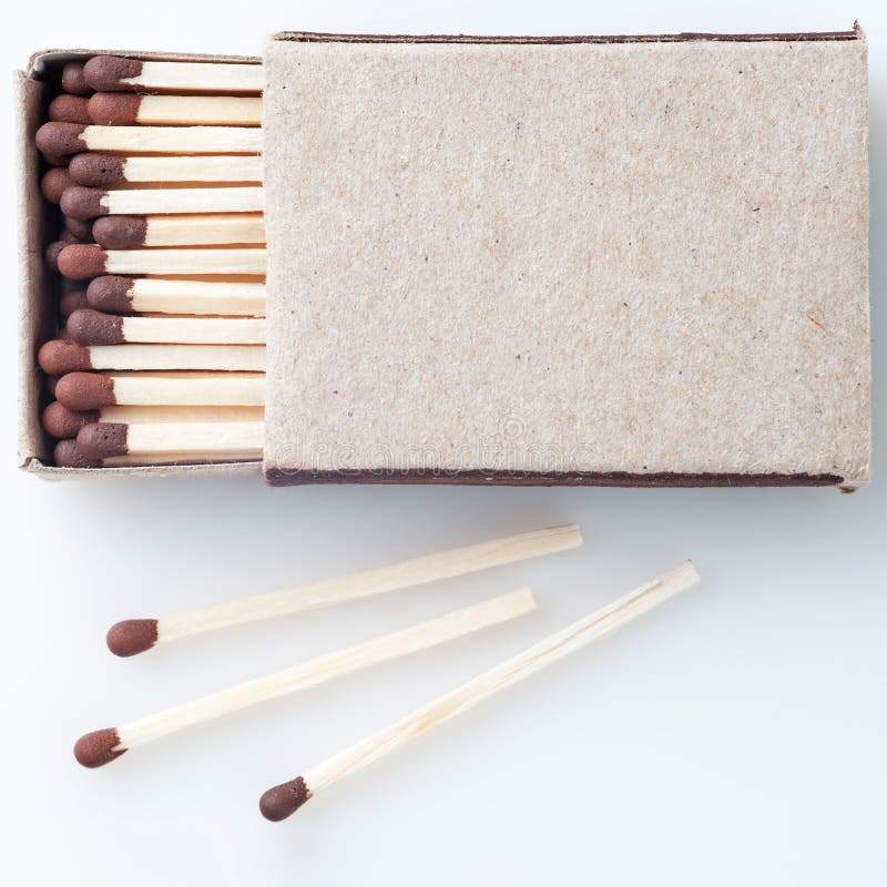 Open full box of matches on white background. two more wood match