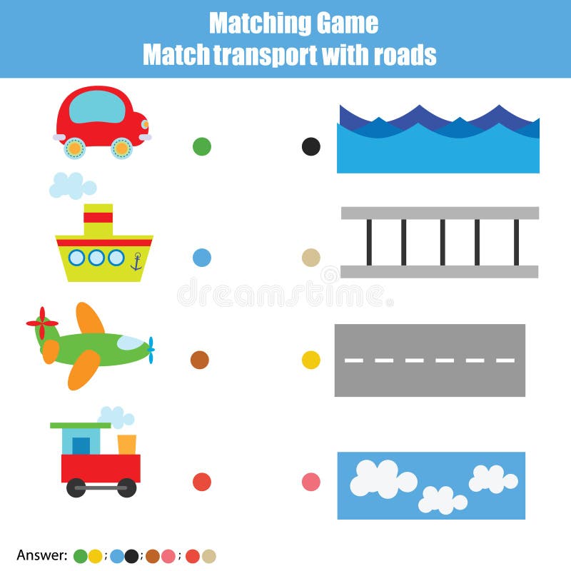 Match transport with roads children educational game. Learning transport theme kids activity. Match transport with roads children educational game. Learning transport theme kids activity