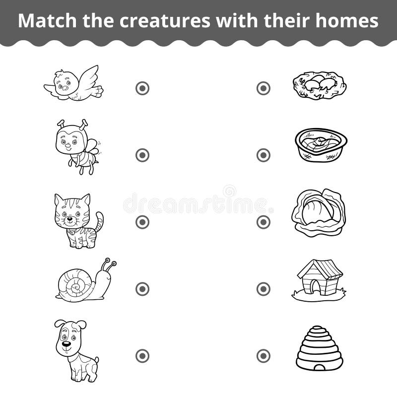 Matching Game For Children, Animals And Their Homes Stock  
