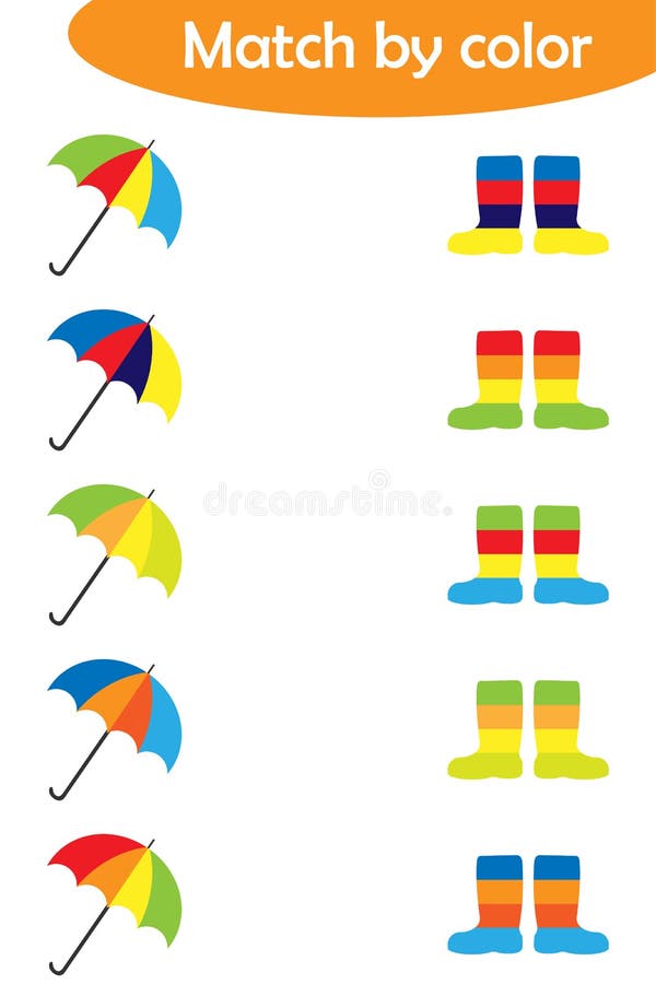 Matching game for children, connect colorful umbrellas with same color boots, preschool worksheet activity for kids, task for the development of logical thinking, illustration