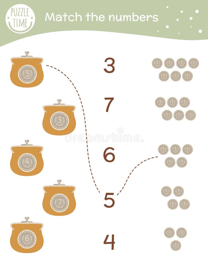 Matching game with coins and purse. Saint Patrickâ€™s Day math activity for preschool children. Money counting worksheet.