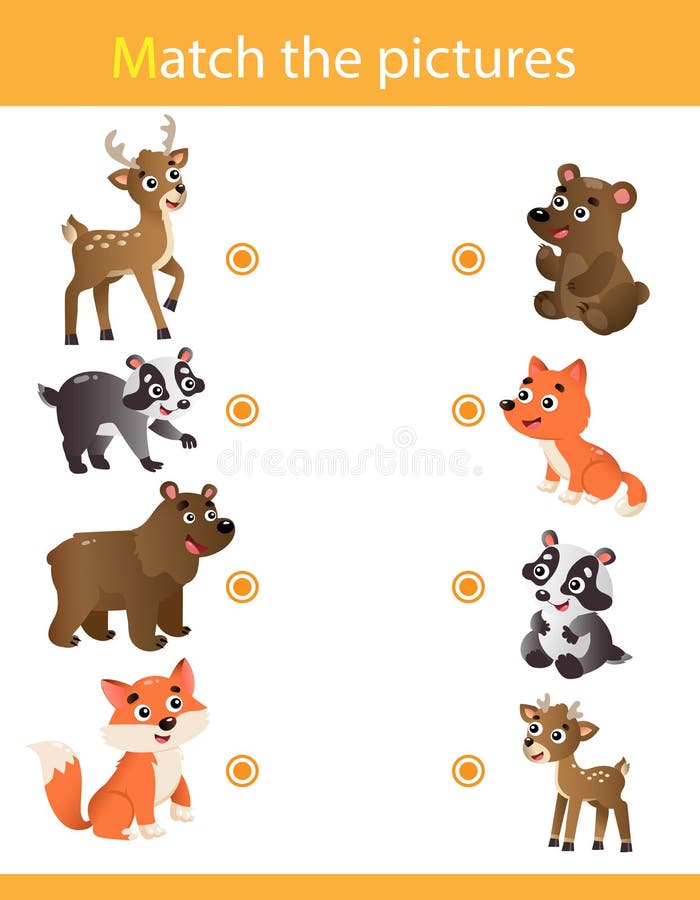 Matching game, education game for children. Puzzle for kids. Match the right object. Cartoon animals with their young. Deer