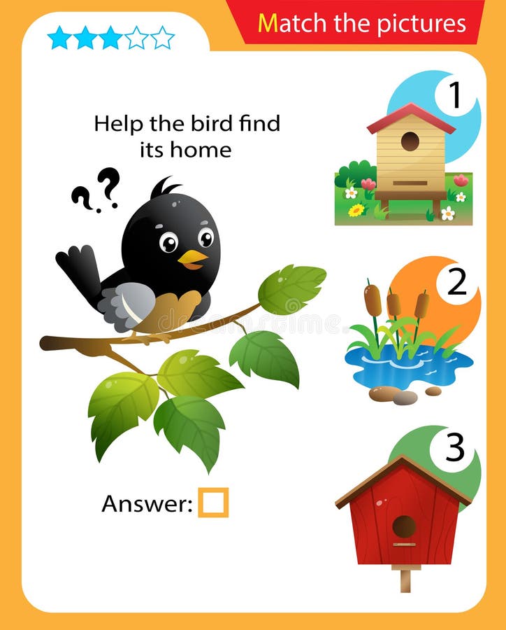 Matching game, education game for children. Puzzle for kids. Match the right object. Help the bird find its home stock illustration