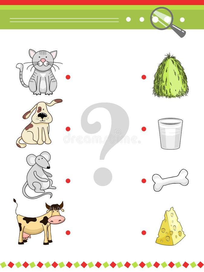 Matching game for preschool children book. Cartoon vector animals and their food. Cat and dog, mouse and cow, hay and milk, cheese and bone illustration