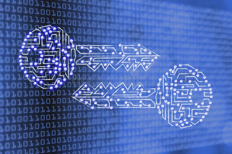 Matching keys made of circuits & led lights, encryption & cryptography royalty free stock photo