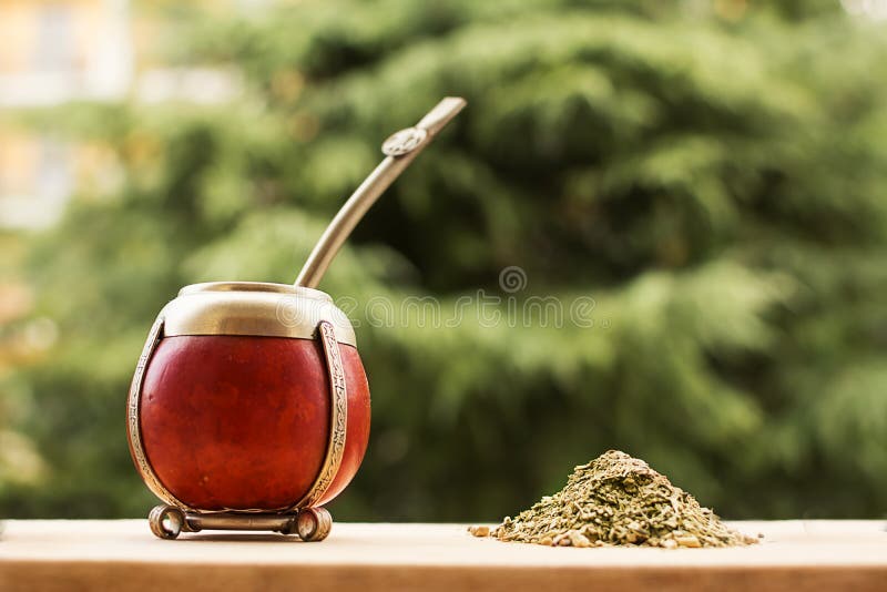 Mate, Mate Grass Yerba Mate with Flag of Argentina in the Bac Stock