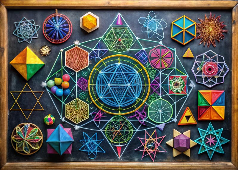Matematiska underverk: Ett fågelperspektiv på en svarta tavla fullpackad med komplexa geometriska figurer och matematiska formler royaltyfri illustrationer