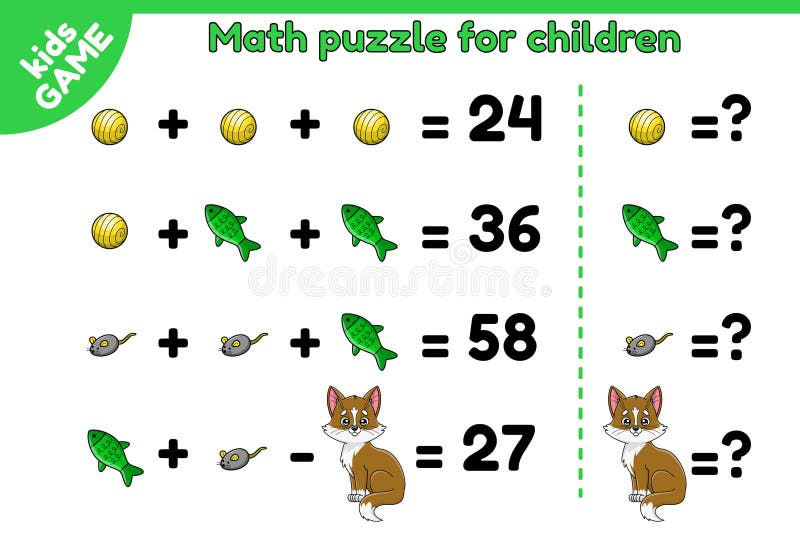 Matematyczna gra puzzle dla dzieci z kotem z kreskówek ilustracja wektor
