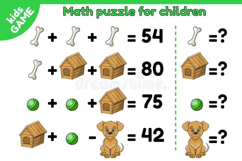 Matematyczna gra puzzle dla dzieci z psem z kreskówek ilustracja wektor