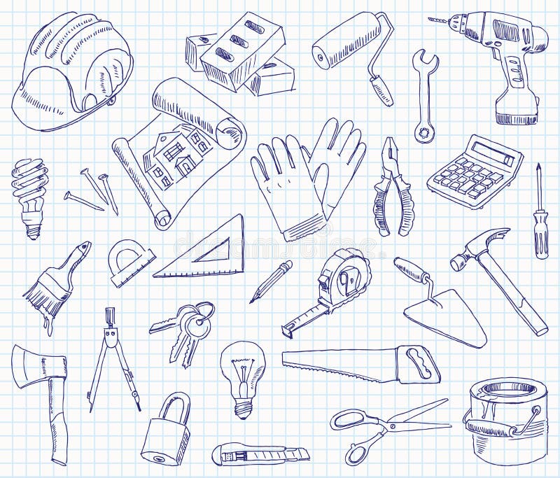 Materiais de construção do desenho a mão livre ilustração do vetor Materiais de construção do desenho a mão livre ilustração do vetor