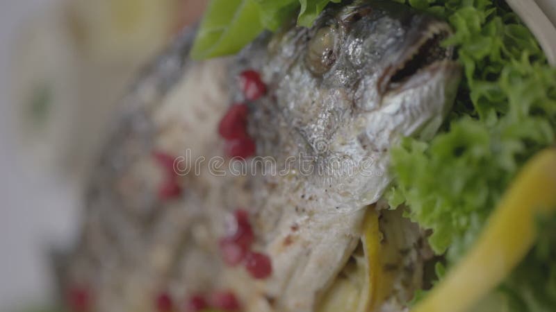 Material de archivo de un plato de pescado y verduras a la parrilla con fondo borroso almacen de video