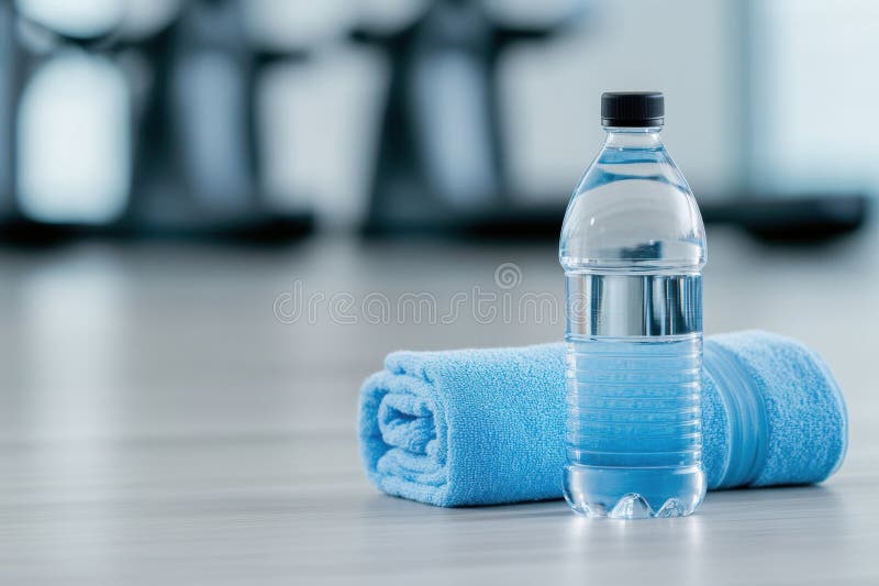 Material de ejercicios un vigilante de fitness colocado al lado de una botella de agua y una toalla en la planta de un gimnasio co. Un monitor de fitness tracker colocado al lado de una botella de agua y una toalla en una planta de gimnasio con un amplio ambiente de gimnasia al fondo generado por ai