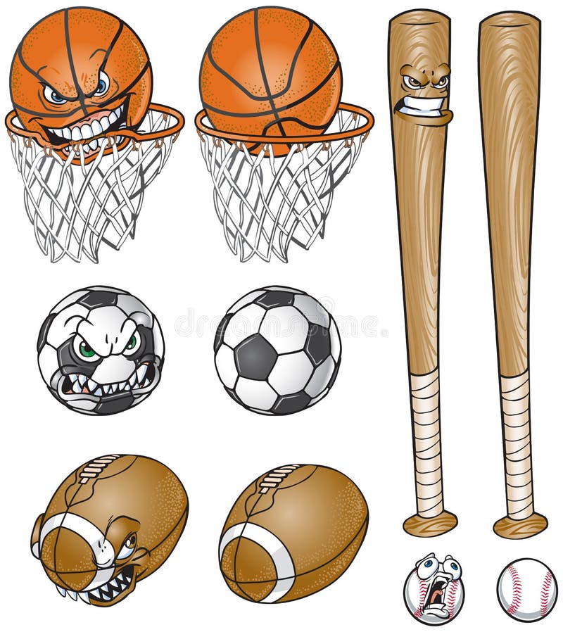 Material desportivo dos desenhos animados ajustado com e sem as caras ilustração royalty free Material desportivo dos desenhos animados ajustado com e sem as caras ilustração royalty free