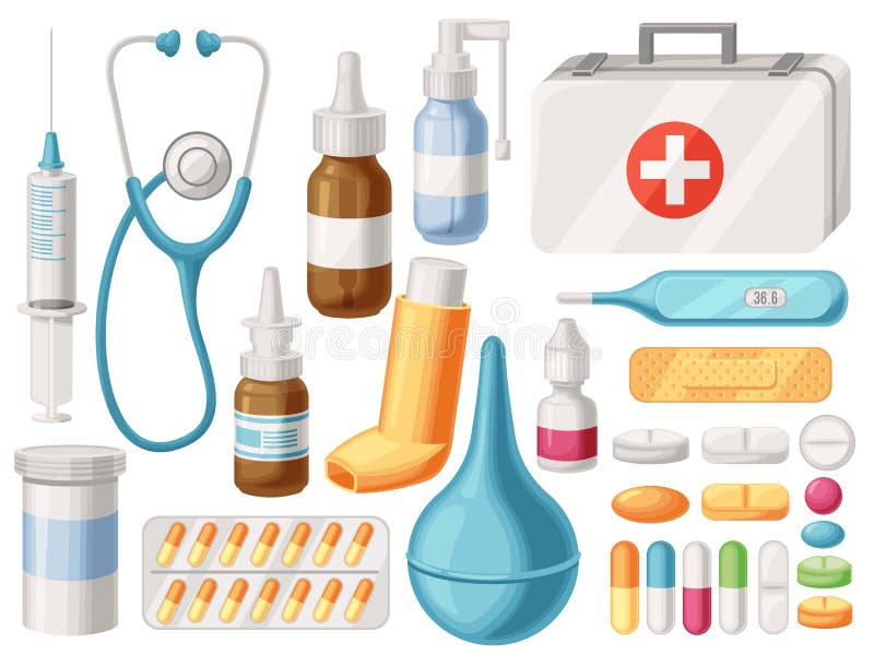 Farmacêutico dia fofinho medicamentos personagens de desenhos animados.  conjunto de frasco de medicamento, cápsula e mascote do tablet.