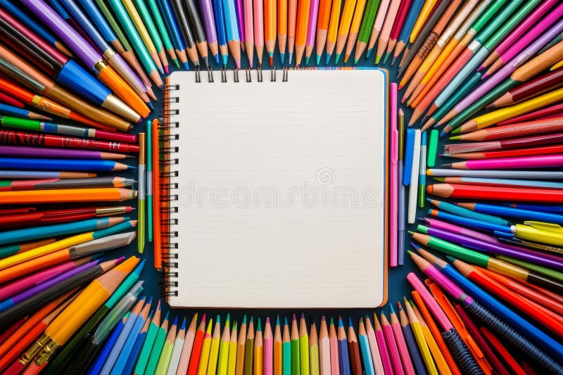 Materiale di cancelleria dai colori brillanti circonda un notebook vuoto che invita creatività e ispirazione. Il vibrante fotografia stock libera da diritti