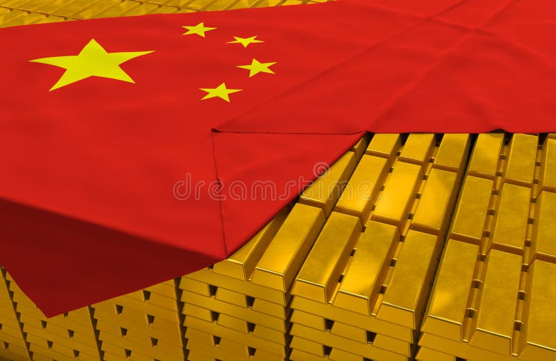 China gold reserve stock (creative concept): golden bars (ingots, bullions) are covered with chinese flag in the storage (treasury) as symbol of national gold and foreign currency reserves (gold holdings), financial health (stability) of state, economic growth, stabilization fund. China gold reserve stock (creative concept): golden bars (ingots, bullions) are covered with chinese flag in the storage (treasury) as symbol of national gold and foreign currency reserves (gold holdings), financial health (stability) of state, economic growth, stabilization fund