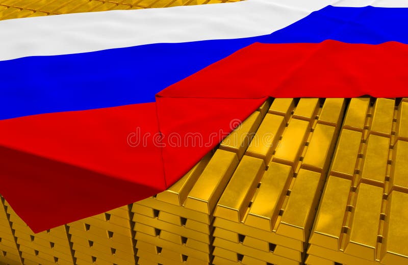 Russia gold reserve stock (creative concept): golden bars (ingots, bullions) are covered with russian flag in the storage (treasury) as symbol of national gold and foreign currency reserves (gold holdings), financial health (stability) of state, economic growth, stabilization fund. Russia gold reserve stock (creative concept): golden bars (ingots, bullions) are covered with russian flag in the storage (treasury) as symbol of national gold and foreign currency reserves (gold holdings), financial health (stability) of state, economic growth, stabilization fund