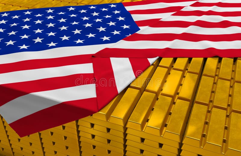USA gold reserve stock (creative concept): golden bars (ingots, bullions) are covered with american flag in the storage (treasury) as symbol of national gold and foreign currency reserves (gold holdings), financial health (stability) of state, economic growth, stabilization fund. USA gold reserve stock (creative concept): golden bars (ingots, bullions) are covered with american flag in the storage (treasury) as symbol of national gold and foreign currency reserves (gold holdings), financial health (stability) of state, economic growth, stabilization fund