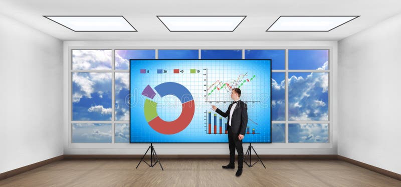 Businessman with pointer showing stock chart on screen. Businessman with pointer showing stock chart on screen