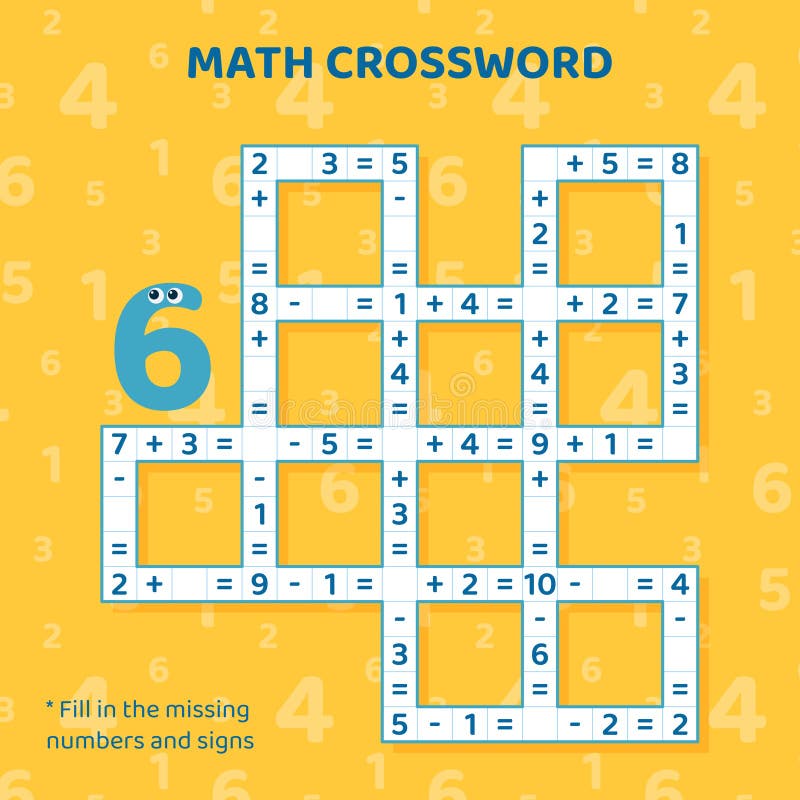 Math Crossword Puzzle for Children. Addition and Subtraction. Stock