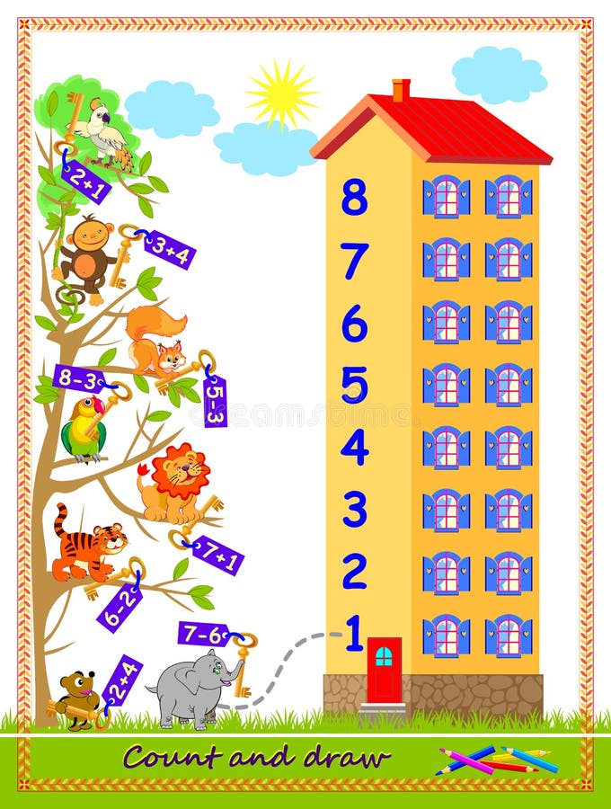 Math education for children on addition and subtraction. On what floor of the house lives every animal Solve examples and draw