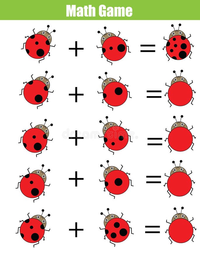 Mathematics educational game for children. Learning counting, addition worksheet for kids. Calculate the ladybug dots. Mathematics educational game for children. Learning counting, addition worksheet for kids. Calculate the ladybug dots