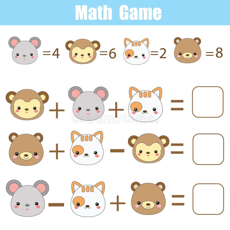 Math educational game for children. Counting equations. Mathematics worksheet with animals faces