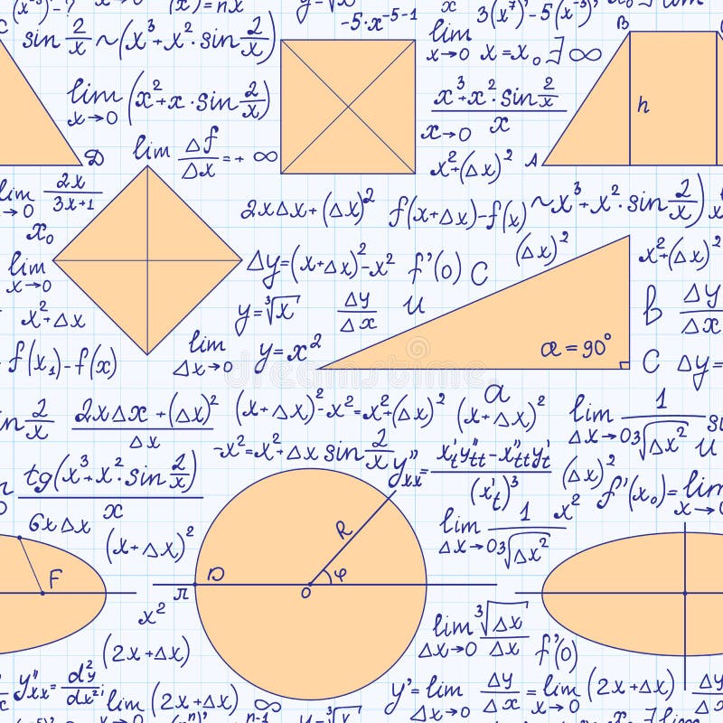 Math educational vector seamless pattern with handwritten formulas, tasks, calculations and multicolored geometrical figures royalty free illustration