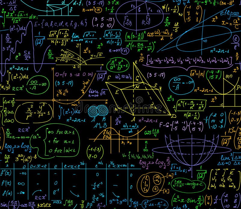 Math educational vector seamless pattern with multicolored algebra formulas, figures, calculations royalty free illustration