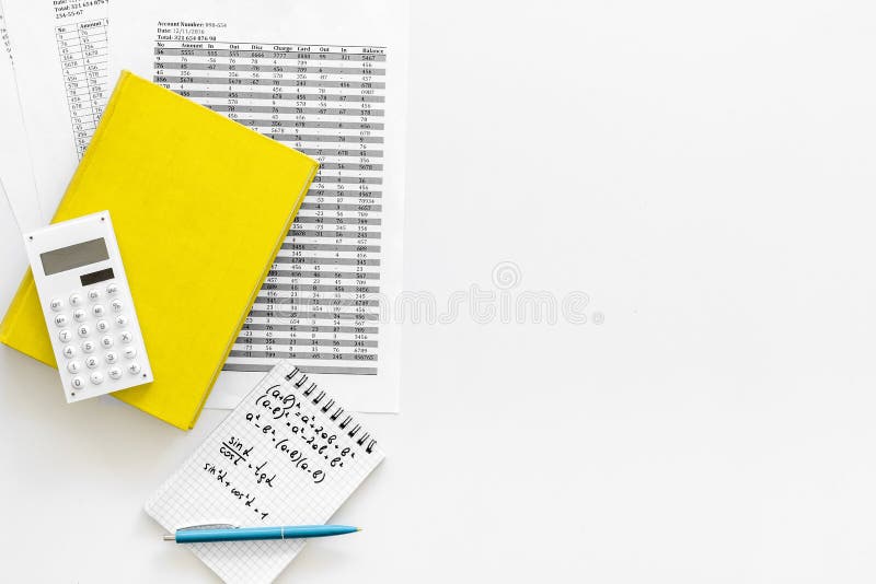 Math homework. Math textbook or tutorial near sheet with numbers, countes, calculator, notebook with formula on white stock image