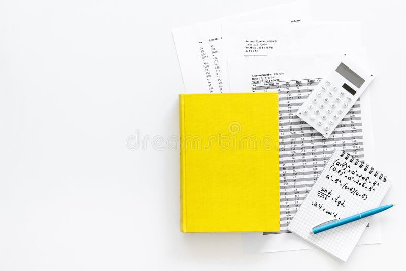 Math homework. Math textbook or tutorial near sheet with numbers, countes, calculator, notebook with formula on white royalty free stock photo