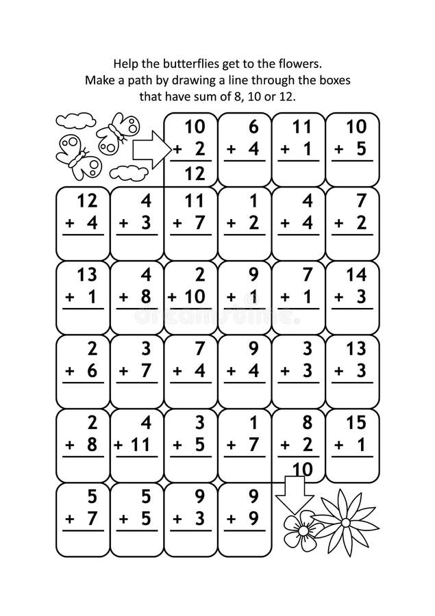 Math maze with addition facts for numbers up to 20