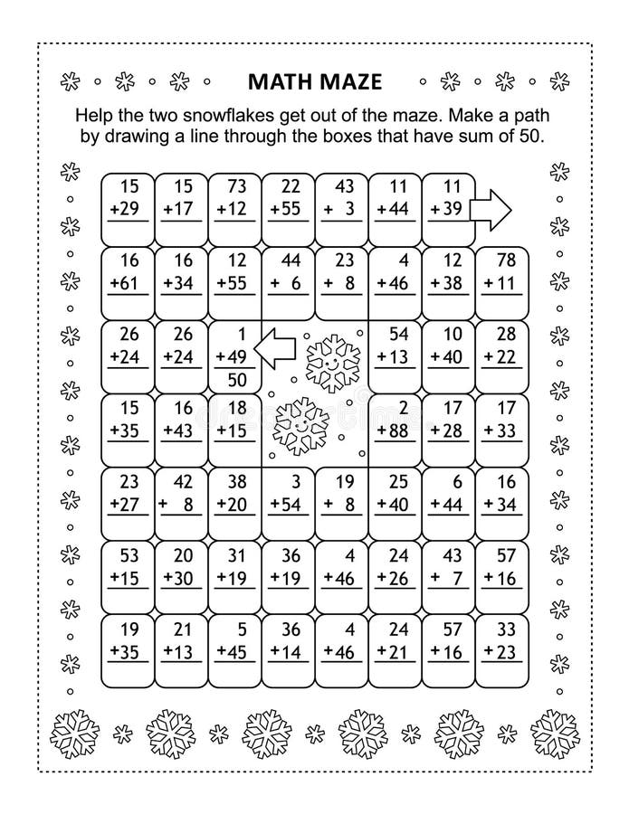 Math maze with addition facts for numbers up to 50