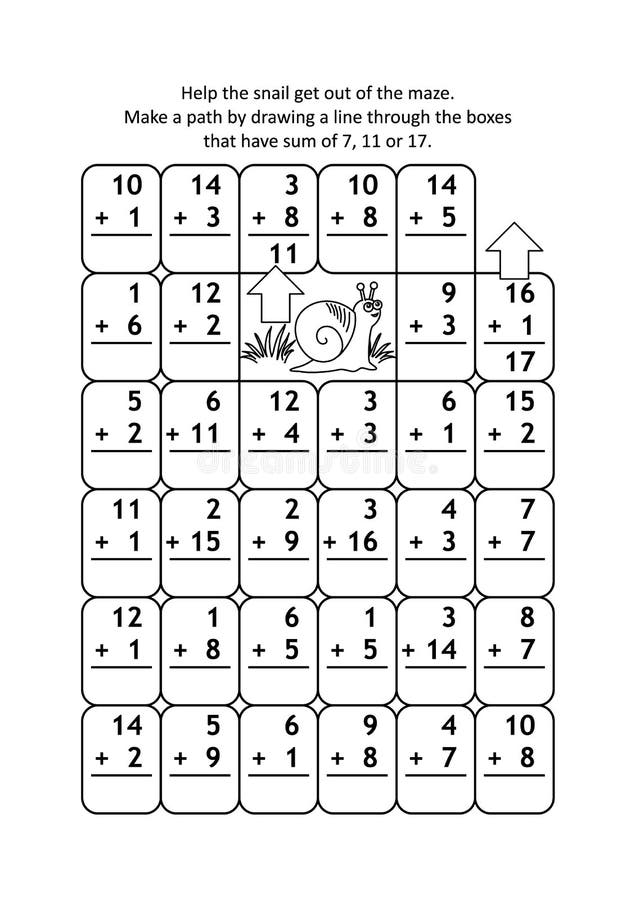 Math maze with addition facts for numbers up to 20