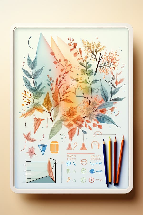 Math problem-solving on interactive whiteboard, flat design, top view, innovative teaching theme, water color, split-complementary stock illustration