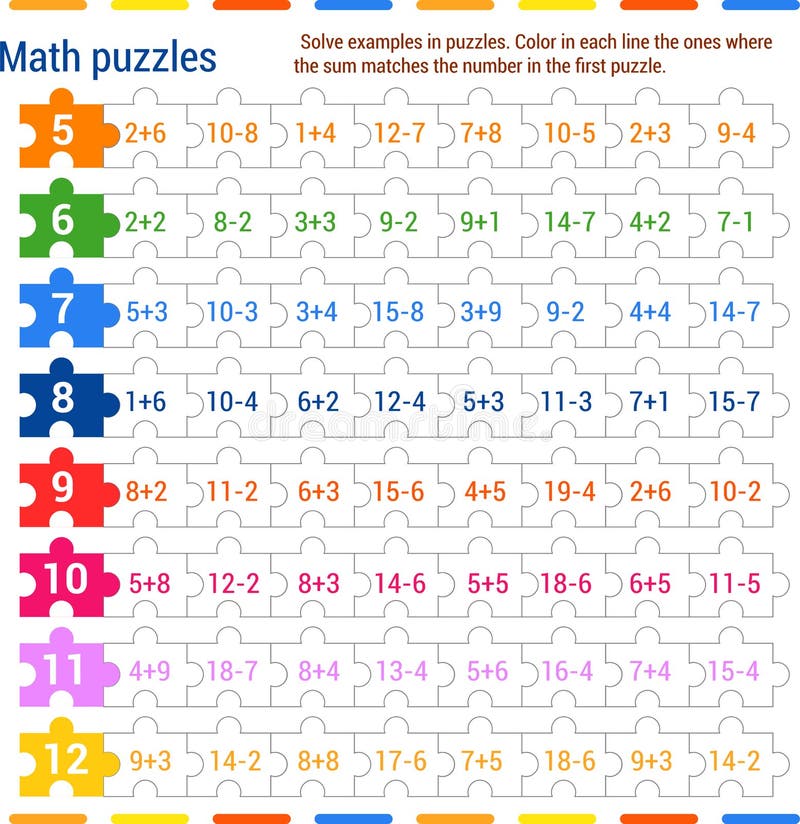 Math Puzzle Game. Solve the Examples in the Jigsaw Puzzles Stock Vector