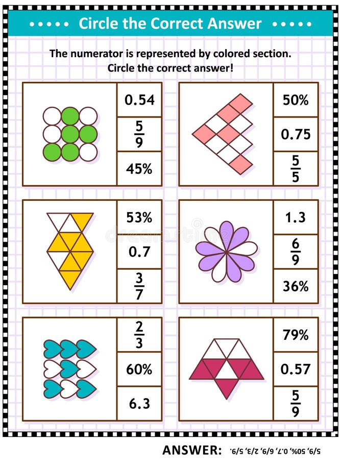 Math Puzzle, Worksheet Or Task Cards To Learn And Practice Fractions, Decimals, Percentage Stock Vector - Illustration Of Percents, Answer: 158550844
