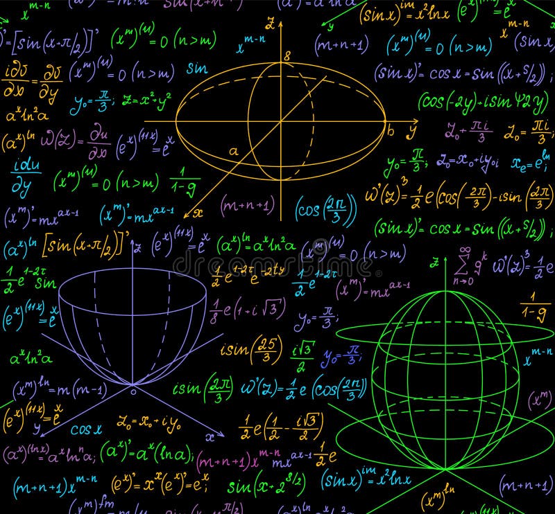 Math vector seamless pattern with multicolored plots, equations, formulas, geometrical figures and calculations stock illustration