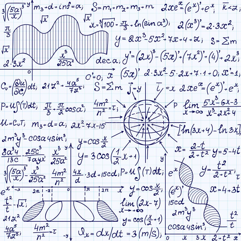 Math Vector Seamless Pattern With Science Drawings, Tasks Solutions