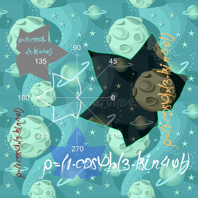Math vector seamless texture with formulas, plots, geometric figures in shape of maple leaves on space background with moon, stars vector illustration Math vector seamless texture with formulas, plots, geometric figures in shape of maple leaves on space background with moon, stars vector illustration