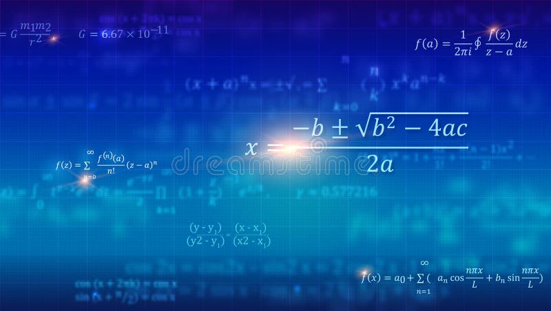 Mathematical formulas. Abstract blue background with Math equations floating on school blackboard. Vector 3D