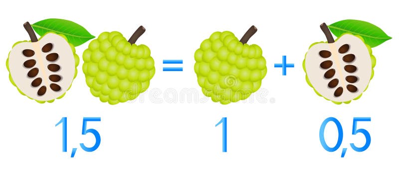 Mathematical games for children. Study the fractions numbers, example with of a sugar apple. stock illustration