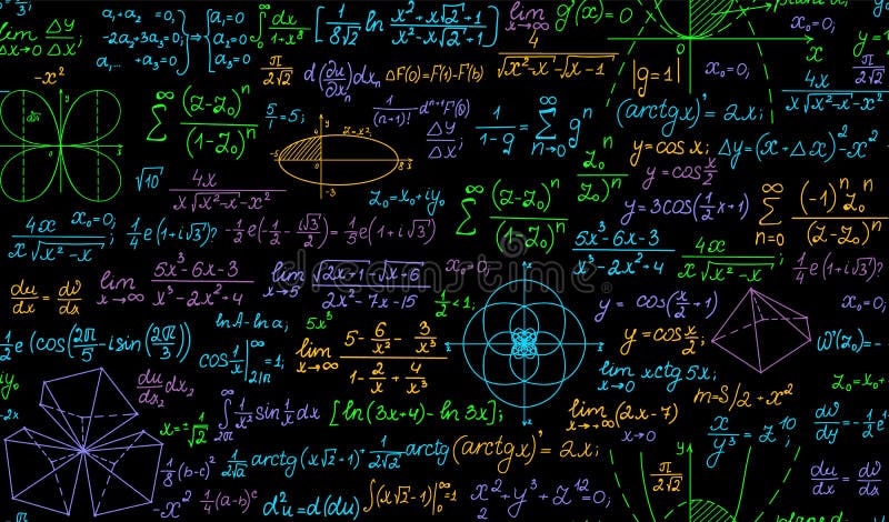 Mathematical multicolored vector seamless background with handwritten formulas, equations, task solutions royalty free illustration