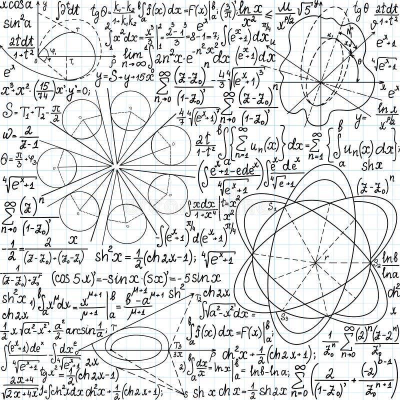 Mathematical vector seamless pattern with formulas, plots and equations