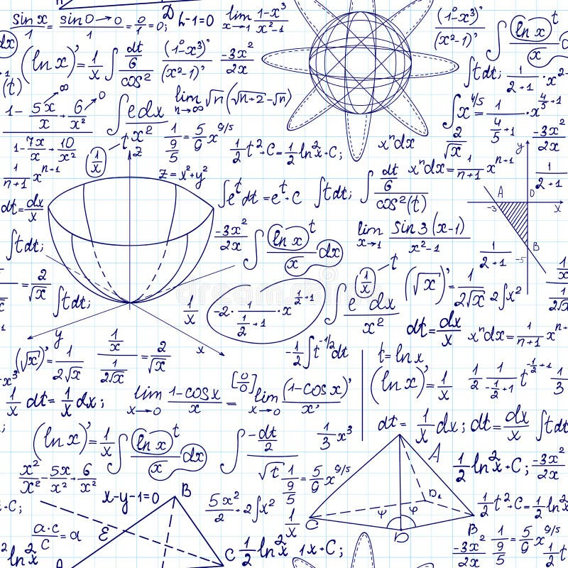 Mathematical vector seamless pattern with geometrical plots, formulas and calculations. Endless texture royalty free illustration