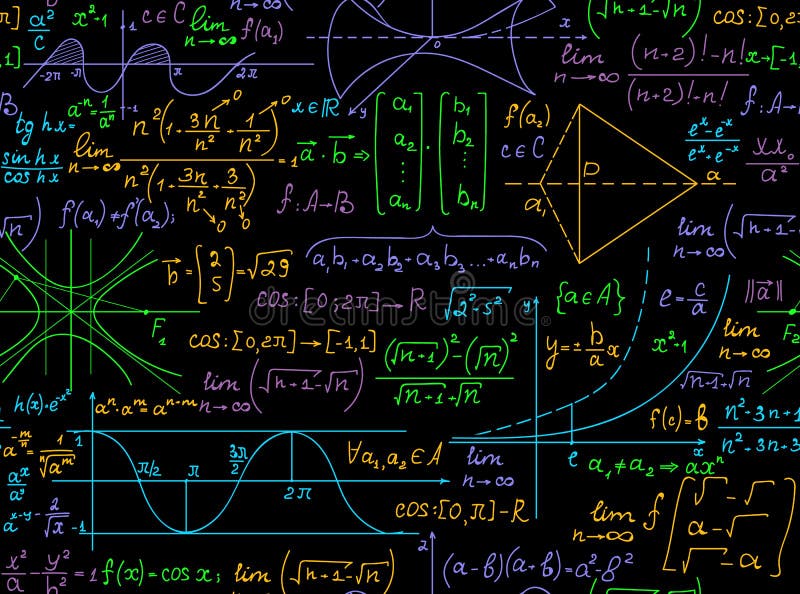 Mathematical vector seamless pattern with handwritten multicolored math formulas, calculations, equations royalty free illustration