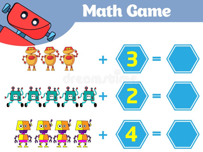 Mathematics educational game for children. Learning subtraction worksheet for kids, counting activity. Vector illustration Robot.